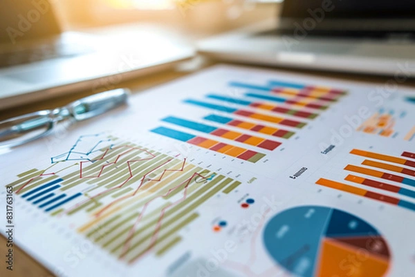 Fototapeta A pen is on top of a stack of graphs. The graphs are colorful and show different data points. The pen is black and has a gold tip. Concept of analyzing data and making sense of it