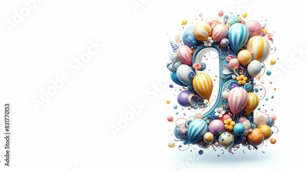 Fototapeta Balloons with ribbon birtday party with white background, generative ai