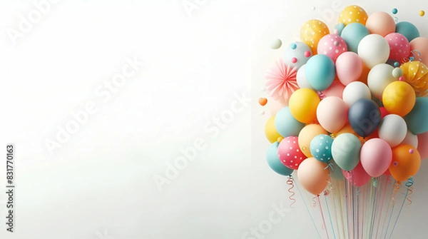 Fototapeta Balloons with ribbon birtday party with white background, generative ai