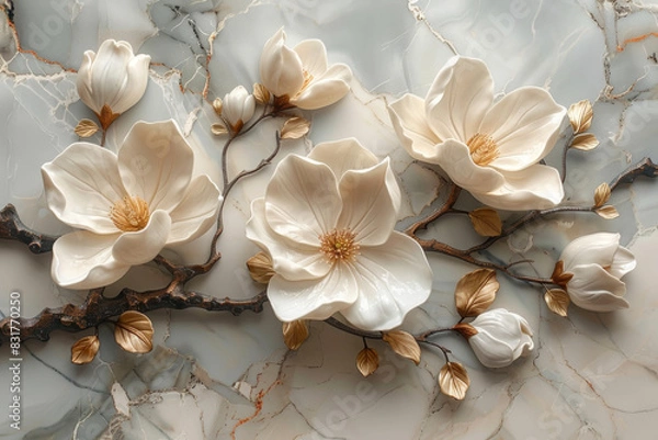 Fototapeta panel wall art, wall decoration, marble background with flowers designs