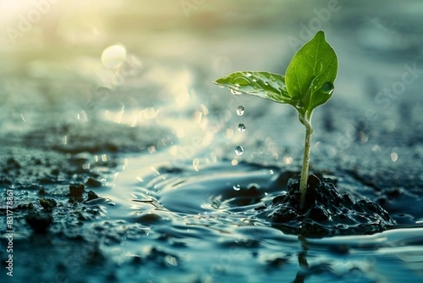 Fototapeta A close-up photo of a sprout with water droplets falling from its leaf into the soil, symbolizing growth and renewal