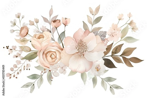 Obraz Watercolor pastel floral background with soft pastel colors, flowers and leaves, nature background for invitation, wedding card