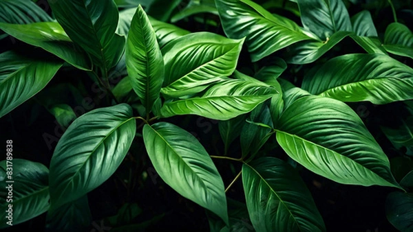 Obraz Natural lush of green leaves, plants, spring or summer background, wallpaper. Greenery environment ecology backdrop. Copy space. Generative AI.