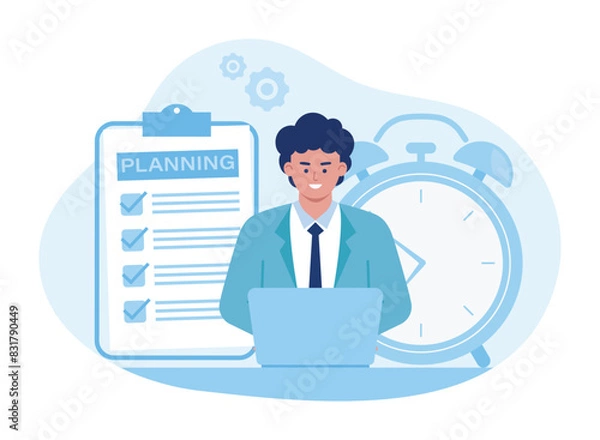 Obraz men work with planning and time in place concept  flat illustration
