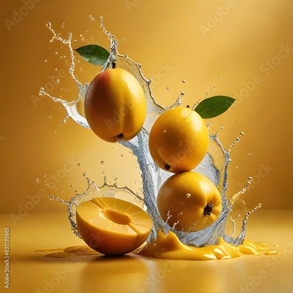 Fototapeta Fresh Lemons falling with water splash on isolated yellow background
