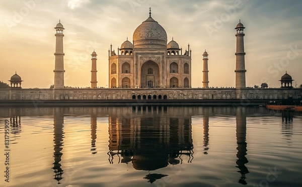 Fototapeta Taj Mahal at sunset, reflecting in the calm waters, creating a serene and golden-hued atmosphere.