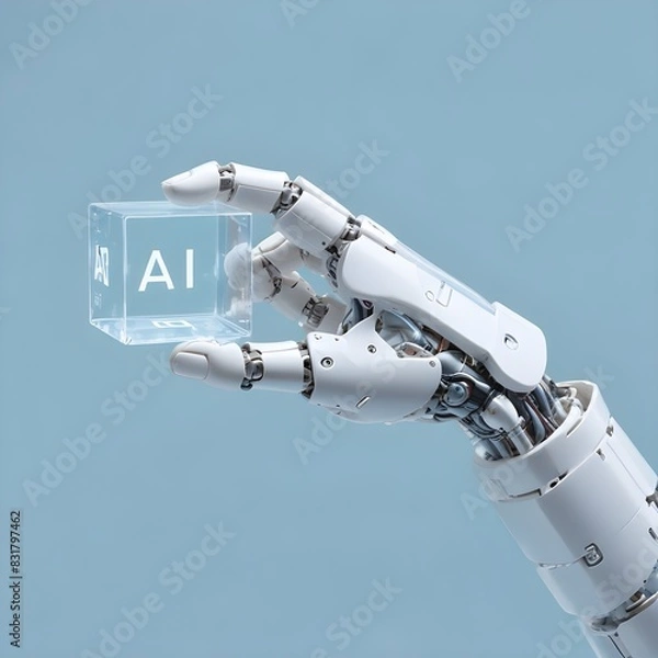 Fototapeta A white robotic hand holding a transparent cube with the letter 'AI' printed on it, against a light blue background