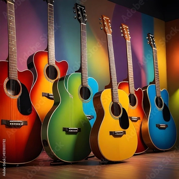 Fototapeta Colorful Mexican guitars on display on colorful background for music
