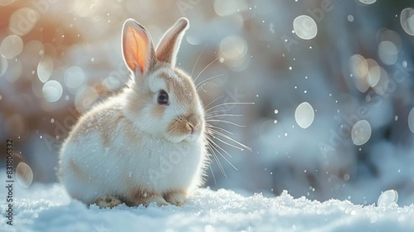 Fototapeta Cute rabbit on snow background in winter