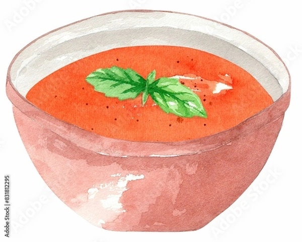 Fototapeta Tomato puree soup with basil in a red plate. Hand drawn watercolor illustration isolated on white background. Template for design.