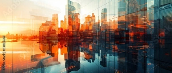 Fototapeta abstract cityscape, geometric forms, urban design, focus on, rich tones, Double exposure silhouette with modern architecture