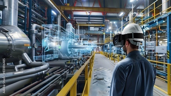 Obraz Illustration of Using AR and VR for training, maintenance, and design visualization in industrial environments. Ai Generate.