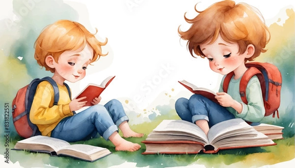 Fototapeta Illustration of Children's Day. Children, books reading in home with friends, learning or diversity for reading at school playground. Kids, education or study with support, water color style 