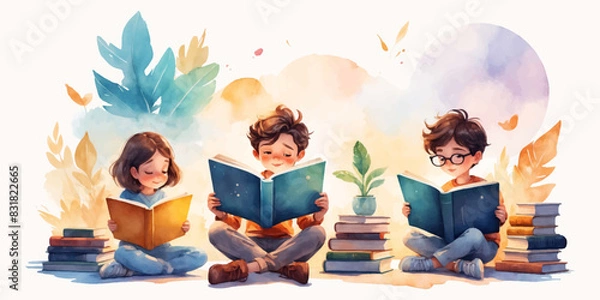 Fototapeta Illustration of Children's Day. Children, books reading in home with friends, learning or diversity for reading at school playground. Kids, education or study with support, water color style 