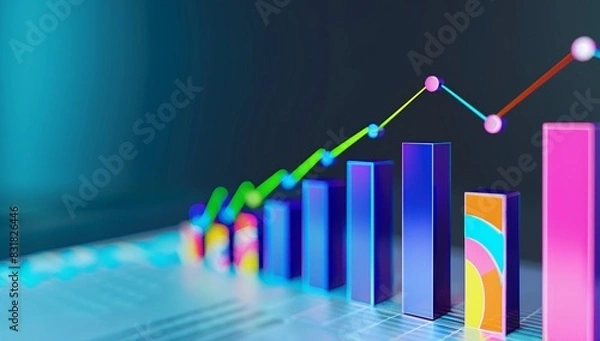 Fototapeta The concept of growing green plants on the glass table with blue digital bar graph, business growth and financial success in technology background. Businesschildren illustration for website banner or 