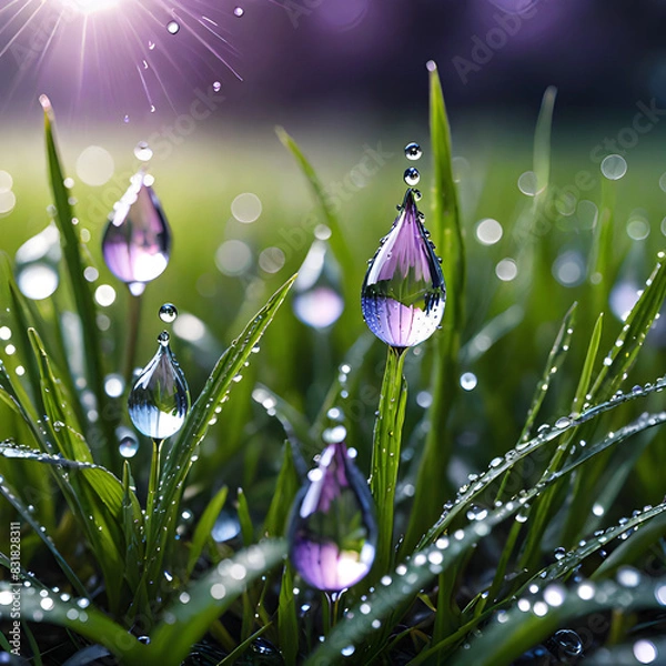 Fototapeta Grass with rain drops. Watering lawn. Rain. Blurred green grass background with water drops closeup. Nature. Environment concept
