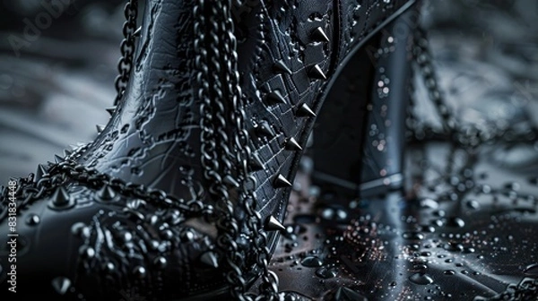 Fototapeta Close-up view of a stylish high-heeled shoe with prominent spikes and chains, highlighting the dark, rebellious gothic rock design