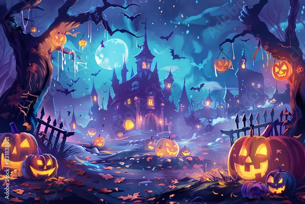 Fototapeta halloween festival illustration and background, Halloween night with trees, bats, houses, and pumpkins, vector, 3d rendering