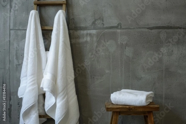 Fototapeta White towels in a vintage bathroom on a gray background.