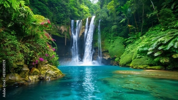 Obraz A pristine waterfall cascades into a turquoise pool, surrounded by vibrant foliage and exotic flowers.