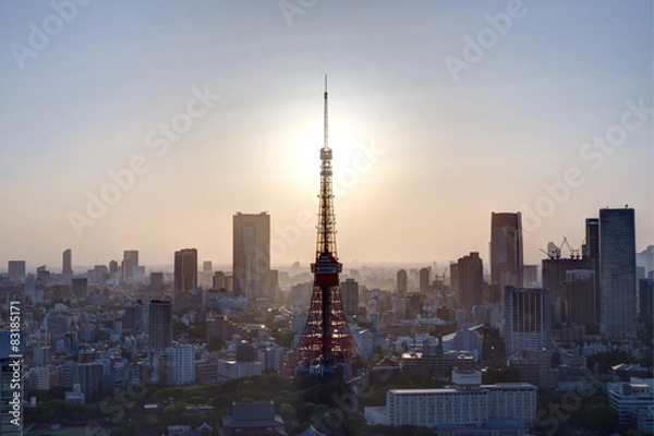 Fototapeta 夕日の東京タワーと町並み