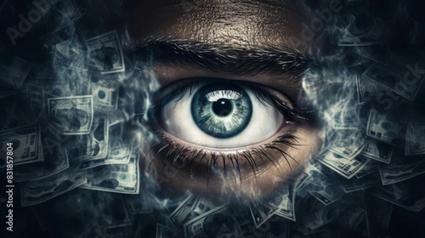 Fototapeta Enhance the intensity of the eye, make the eye appear to be looking at the viewer with a sense of greed and desire. Include dark smoky elements to enhance the dramatic effect.