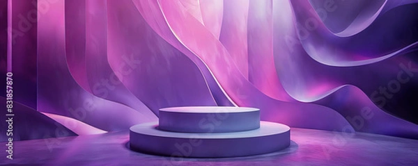 Obraz Showcase a luxury product on a sleek stand set against a studio backdrop of minimalist geometric shapes in shades of violet and purple. The stage enhances the abstract design.