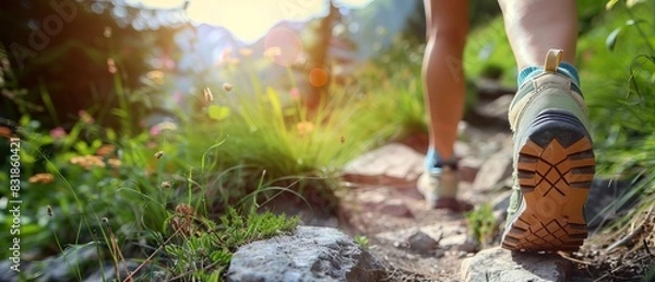 Fototapeta Close-up of person hiking on mountain trail. Rugged path with greenery and sunlight. Outdoor adventure, exercise, and nature exploration.