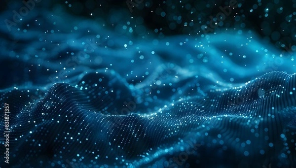 Fototapeta Abstract blue wave background with glowing dots and lines, dark blue background, AI generative text "AI technology digital abstract wallpaper