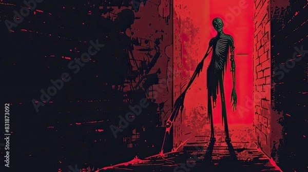 Fototapeta A red and black ink illustration of the slenderman standing in an alleyway