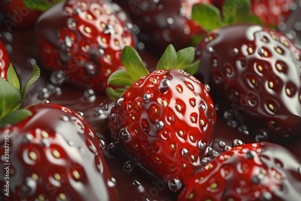 Obraz A close-up of mouthwatering luscious strawberries dipped in glossy dark chocolate, glistening and smooth, fine photorealistic rendering, with tiny droplets of fresh juice