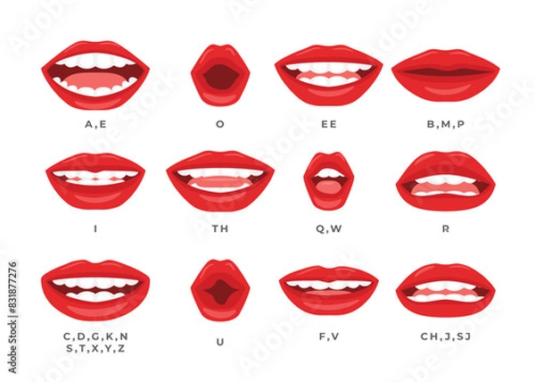 Fototapeta Set of Cartoon Mouth Animation Lip Sync Set, Mouth sync. Talking mouths lips for cartoon character animation and english pronunciation signs, female emotions and speaking articulation.