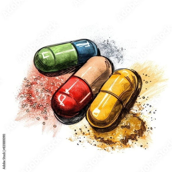 Fototapeta Colorful health supplement capsules and powders on a clean white background, Modern, Sketch.