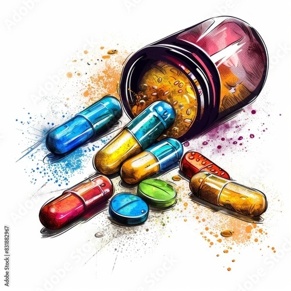 Fototapeta Colorful dietary supplement capsules and powders on a clean white background, Modern, Sketch.