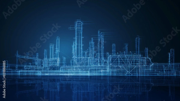 Obraz Neon blue wireframe Oil Refinery factory demonstrating smart technology in the oil refining industry
