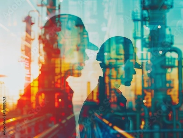 Obraz Chemical plant workers close up, focus on, copy space, vibrant colors, Double exposure silhouette with safety gear