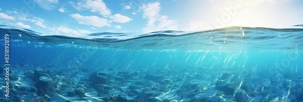 Obraz Underwater view of the ocean and blue sky, summer day, border of sea and sky