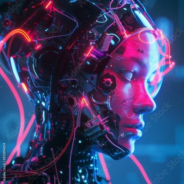 Fototapeta Bring to life a futuristic, neural interface device with glowing neon lights, intricate circuit patterns, and sleek, metallic textures