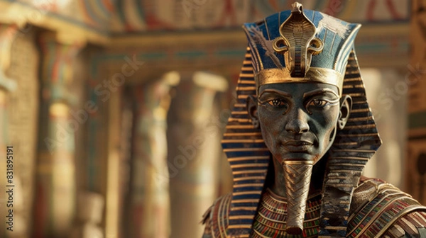 Fototapeta Majestic bust of Pharaoh with a dramatic backdrop of ancient Egyptian hieroglyphs.