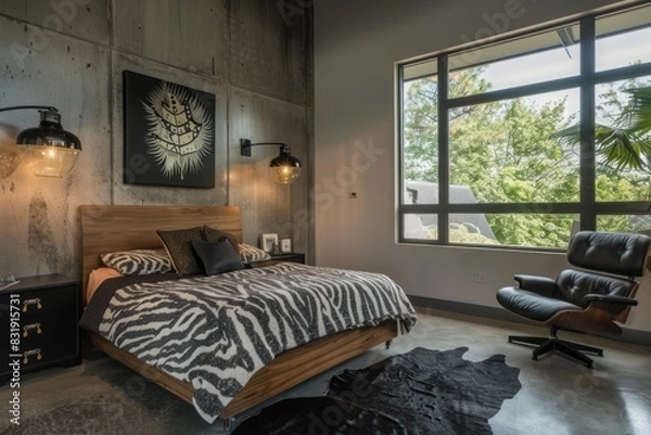Fototapeta bedroom with large window view of Garden trees