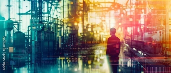 Fototapeta Industrial automation in production management close up, focus on, copy space, vibrant colors, Double exposure silhouette with control rooms