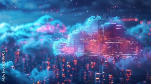 Fototapeta A futuristic cityscape with clouds made of encrypted keys illustrating the tingedge technology used to protect your crypto assets in the cloud.