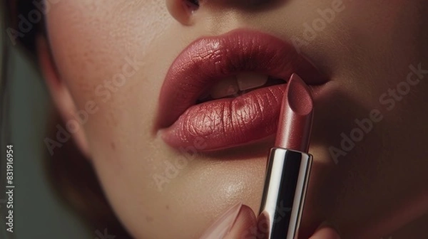 Fototapeta This is a close-up image of a person applying a rose-colored lipstick. The focus is on the lower half of the face, highlighting the lips, nose, and chin. copy space for text.