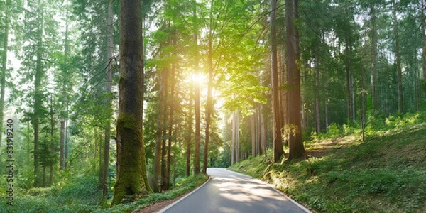 Obraz Scenic road through forest with tall, ancient trees and sunset shining through the branches