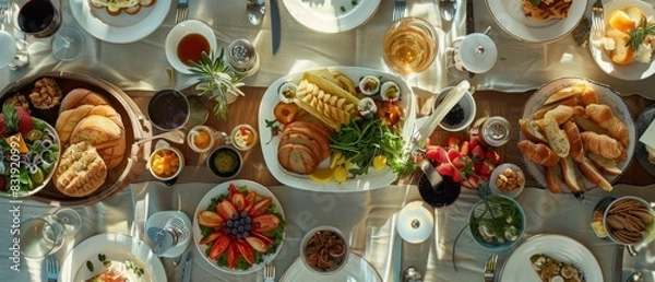 Fototapeta Aerial view of a gourmet brunch spread, vibrant colors, elegant plating, photorealistic detail, natural lighting, high-definition quality