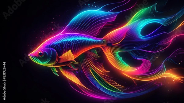 Fototapeta Glowing neon rainbow fish line design on black background