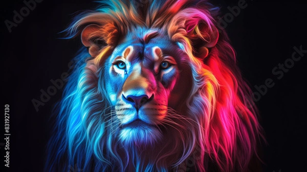 Fototapeta Majestic neon light glowing lion on black background