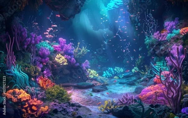 Obraz Construct a virtual coral reef teeming with bioluminescent sea creatures, Blend vibrant colors and intricate details for a visually captivating scene