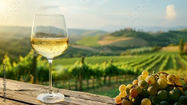 Fototapeta Elegant glass of chilled white wine, perfectly positioned on a rustic wooden table with scenic vineyard views