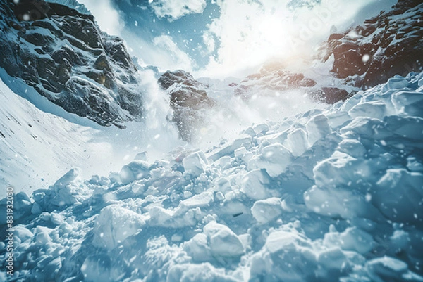 Fototapeta Generative ai on theme of descent of an huge avalanche from the mountain, winter nature landscape